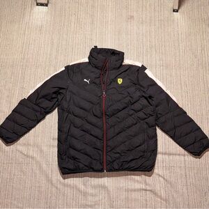 Puma Black Puffer Jacket with White Shoulder Panels and Red Trim